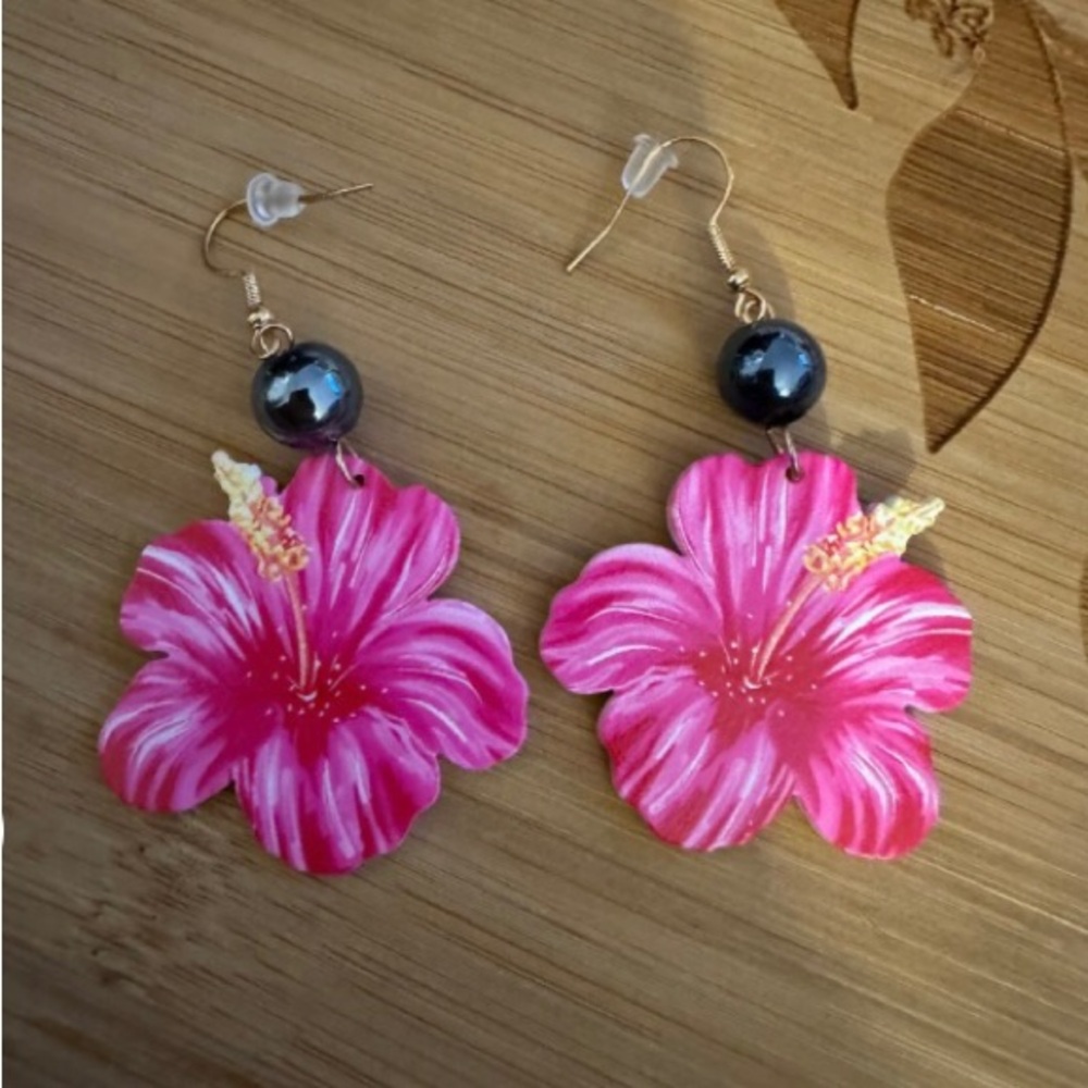 Pink Floral Drop Earrings with Black Bead - Women Jewelry